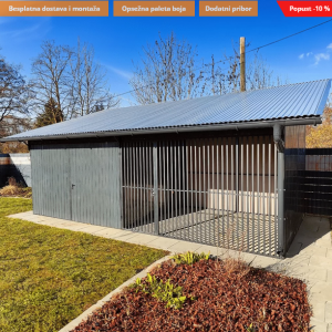 Metalna garaža 3,5x3m + Kavez za psa 3,5×3 m -tamnosiva mat