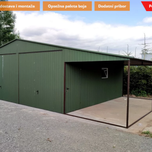 Metalna garaža 6x6m + nadstrešnica 2,5×6 – tamnozelena mat