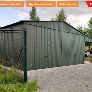 Metalna garaža 6x6m + nadstrešnica 2,5×6 – tamnozelena mat