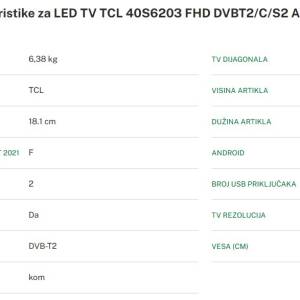 TCL40S6203 40"(102cm) Full HD LED TV HDR10 Android 15 Wi-Fi/Bluetooth