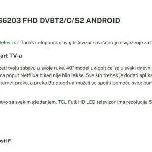 TCL40S6203 40"(102cm) Full HD LED TV HDR10 Android 15 Wi-Fi/Bluetooth