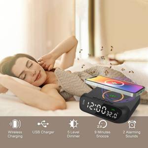Digitalni LED stolni sat alarm, termometar, bežični punjač