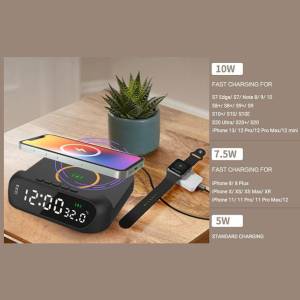 Digitalni LED stolni sat alarm, termometar, bežični punjač