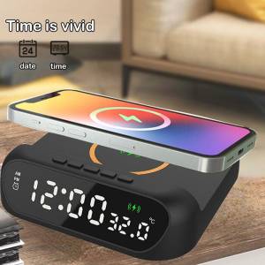 Digitalni LED stolni sat alarm, termometar, bežični punjač