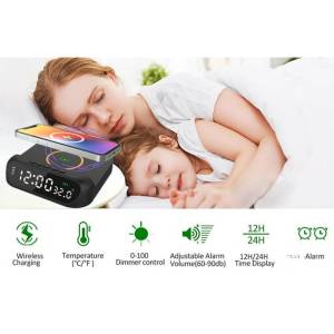 Digitalni LED stolni sat alarm, termometar, bežični punjač